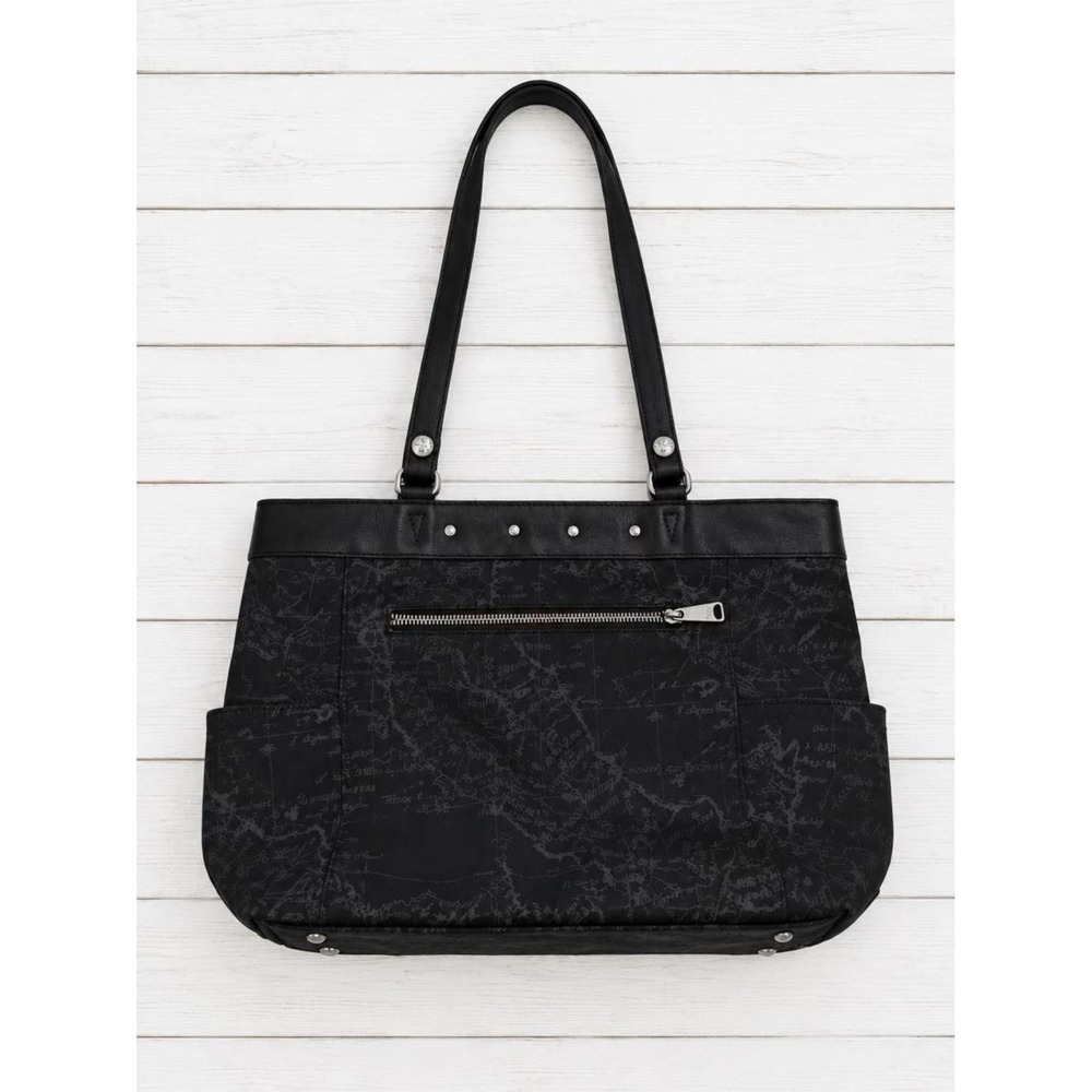 Patricia Nash Laureana Satchel Black Scalloped Raffia Canvas Map Print Tote Bag